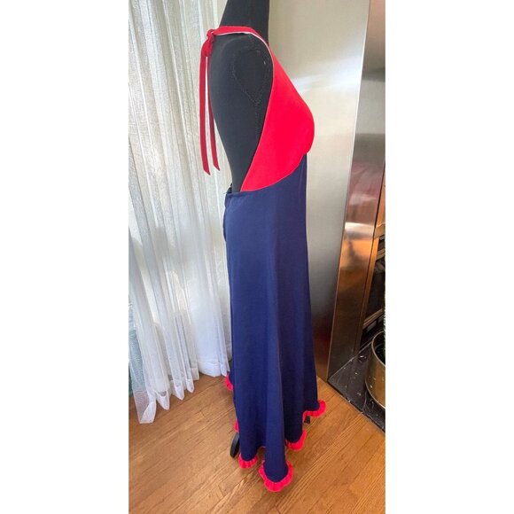Vintage 70s halter dress, red and navy blue, polyester, nautical maxi, 8/10 (M) - Picture 8 of 10